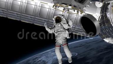 宇航员太空行走，在开阔的空间里挥动他的手。 <strong>国际</strong>空间<strong>站国际</strong>空间<strong>站</strong>围绕地球大气层旋转。 要素